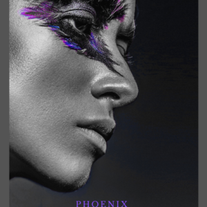 phoenix-rising-novel-cover-woman's-profile-black-feathers-around-eye-pop-of-color-purple-and-blue-VS-GRIFFIN'